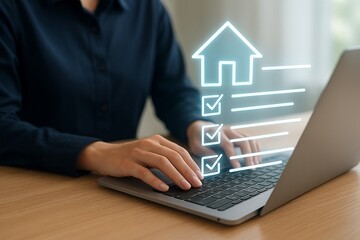 Person Typing on Laptop with Holographic House and Checklist Overlay computer hands