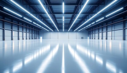Vast, empty industrial space with bright fluorescent lighting and highly reflective floor