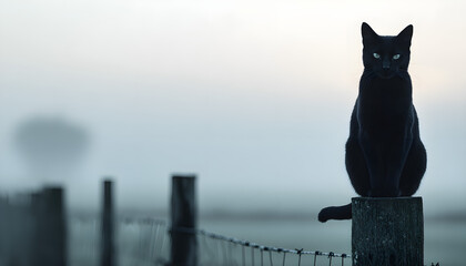 Black cat sitting on a fence post in the fog at dawn, Halloween  