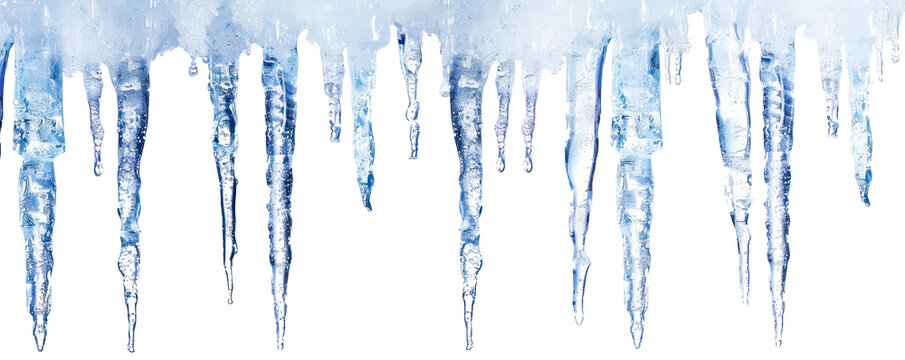 blue cold icicles border frame hanging from top isolated on white or transparent png
