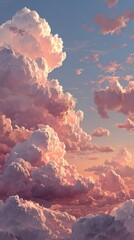 A vast expanse of soft, pastel pink and white cumulus clouds against a vibrant sunset sky