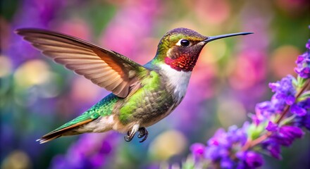 Fototapeta premium Vibrant Hummingbird in Flight Near Purple Flowers
