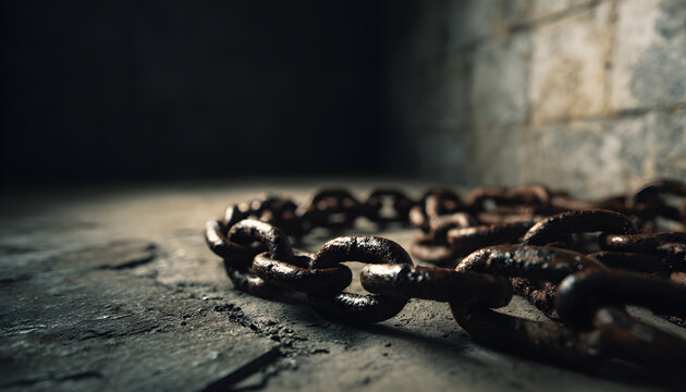 Rusty chains laying on the ground in dark basement environment concept of Halloween   - Powered by Adobe