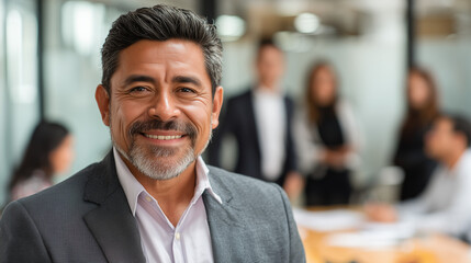 Obraz premium mexican businessman, ceo and successful businessman wearing a suit jacket, in his office, with his management team in the background and out of focus