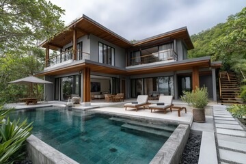 Fototapeta premium A spacious residence featuring a swimming pool located in front of it