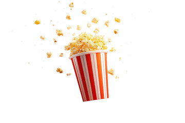 Popcorn in Red and White Striped Cup Falling in Midair Against Transparent Background