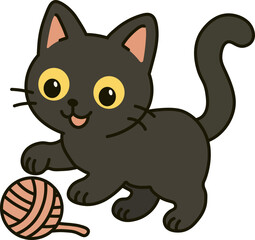 Fototapeta premium Adorable cartoon black cat with big yellow eyes happily playing with a ball of yarn, perfect for pet-themed designs and kawaii art.