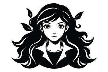 Young woman presents stylized portrait with flowing hair and leaves in monochrome black and white