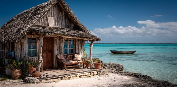 Rustic Beach Hut Retreat: Turquoise Waters and Tropical Serenity