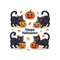 Happy Halloween with Three Black Cats and Pumpkins
