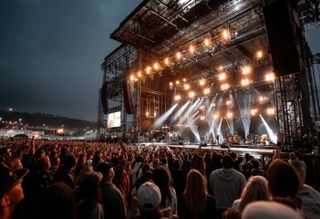 A large crowd of excited people are watching a concert at night time
