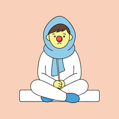 Sad Cartoon Character Sitting with a Red Nose and Blue Scarf