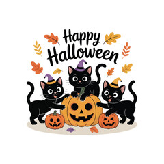 Happy Halloween with Three Black Cats and Pumpkins