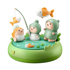 Fototapeta premium Cute Cartoon Kids Figures Playing with Fish and Pond on Green Base