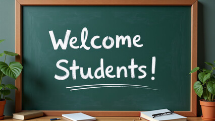 Chalkboard with Welcome Students message in white chalk