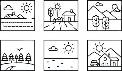 Six hand-drawn landscape scenes with nature and buildings