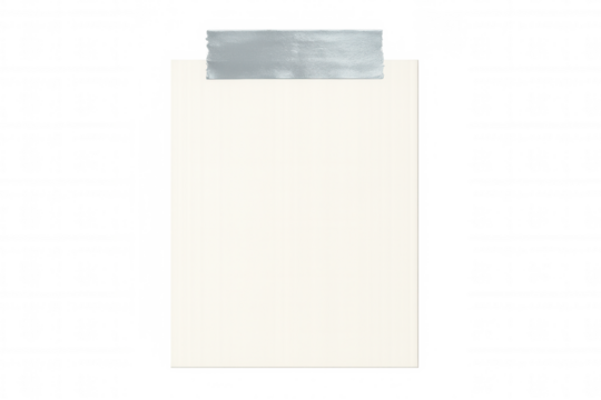 White paper sheet secured by metallic silver adhesive tape, presenting clean minimalist design against transparent backdrop