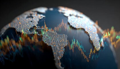 Digital Globe with Financial Stock Market Data Visualization and Glowing Lights Keywords: globe, earth, world, data, finance, stock market, graph, chart, digital, technology, network, global