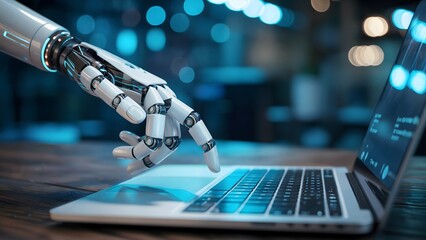 Advanced robotic arm skillfully interacts with futuristic laptop screen displaying data analytics, symbolizing innovation and AI-driven progress in modern technology.