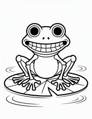 Fototapeta premium Cartoon frog sitting on a lily pad isolated on white background smiling happily, coloring page for halloween