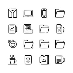A collection of black-and-white line-style office and work icons, including laptop, smartphone, folders, documents, coffee cup, charts, ID cards, and business cards.