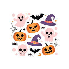 Cute Halloween Ghost with Pumpkins, Witch Hat, and Autumn Elements
