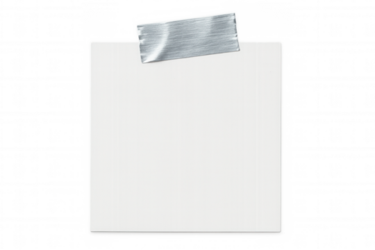Blank white paper note secured by metallic tape, providing clean minimalist workspace for writing quick messages or memory aids