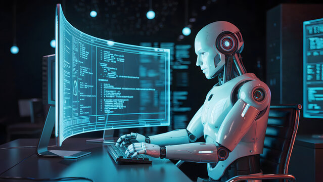 Advanced humanoid robot diligently coding complex algorithms on a futuristic holographic display in a modern data center environment