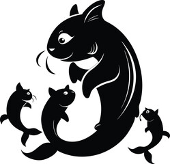 Black Catfish Family Silhouette Illustration, Vector Art Design
