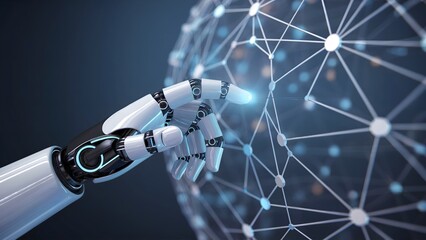 Futuristic robot hand interacting with glowing digital network sphere, symbolizing AI connectivity and global data innovation