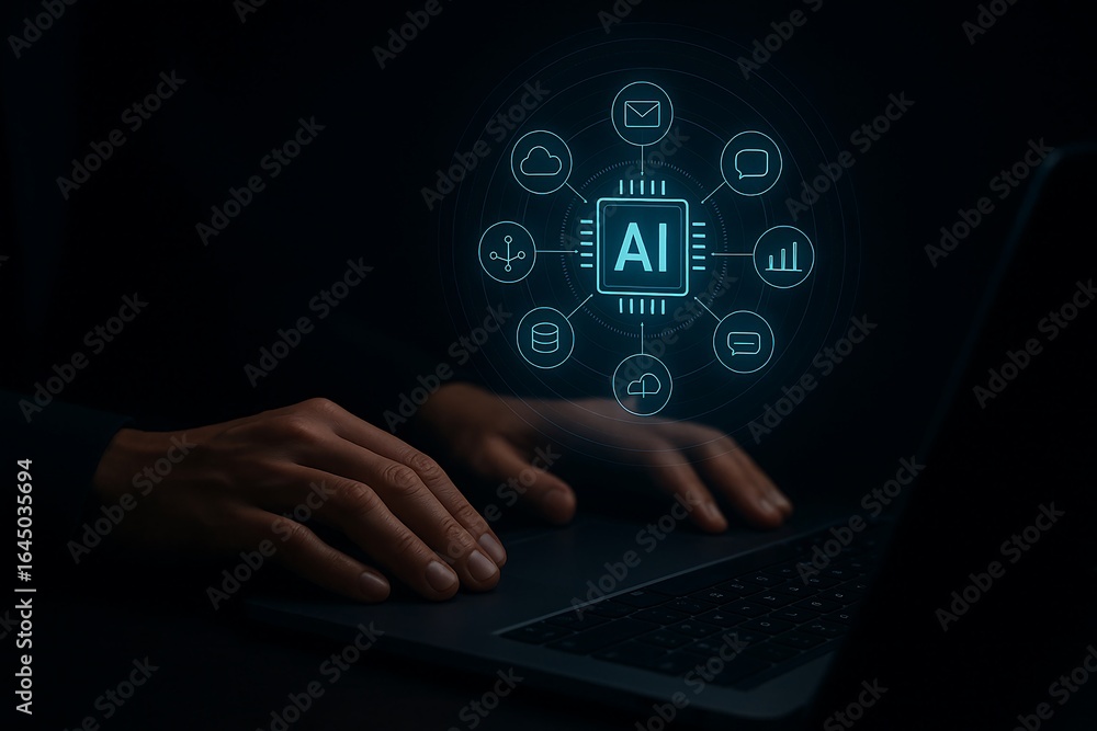 Poster person using laptop with ai network of cloud data and communication icons artificial intelligence