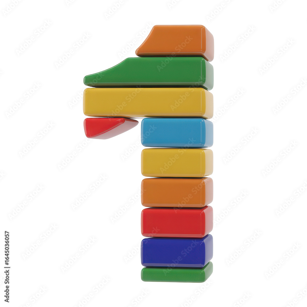 Poster colorful stacked building blocks forming the number one isolated on transparent background