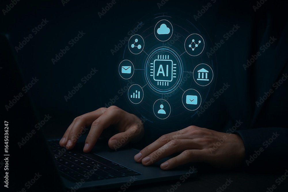 Aufkleber person using laptop with ai technology network and data icons on dark background artificial intellig