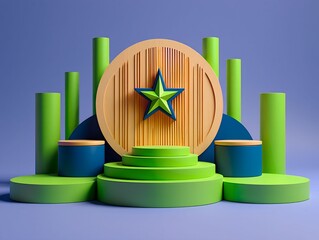 A vibrant 3d rendering of a green star on a wooden circle, surrounded by green cylinders and blue containers