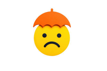 Sad Yellow Emoji Face with Orange Umbrella on Transparent Background