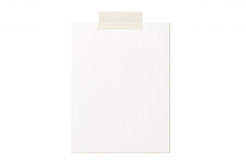 Vertical blank white textured paper is attached with adhesive tape to a transparent background