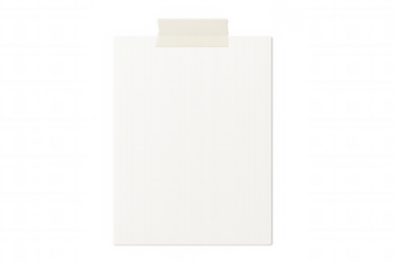 Vertical blank white textured paper is attached with adhesive tape to a transparent background