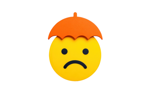 Sad Yellow Emoji Face with Orange Umbrella on Transparent Background