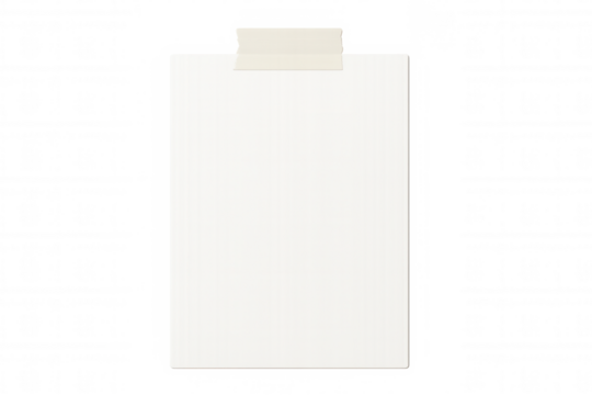 Vertical blank white textured paper is attached with adhesive tape to a transparent background
