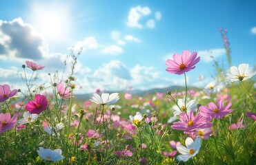 Vibrant cosmos meadow under a bright blue sky, bathed in sunlight with soft petal shadows, evoking joy and serene natural beauty