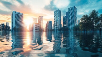 Fototapeta premium Flooded Cityscape Reflecting Golden Sunrise, symbolizing climate change effects