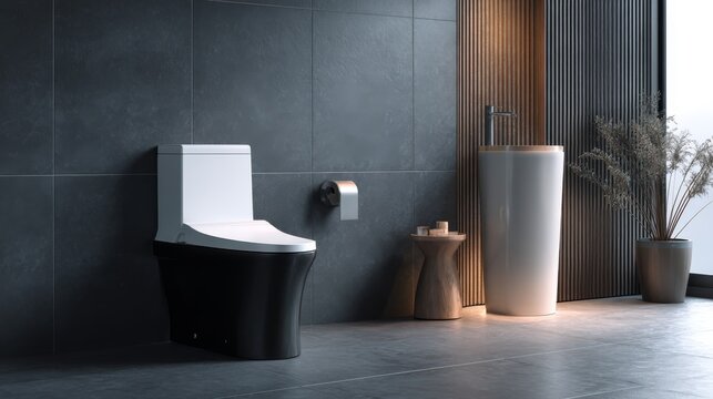 Modern Bathroom Interior: A pristine bathroom interior showcases sleek design, featuring a contemporary toilet, elegant sink.