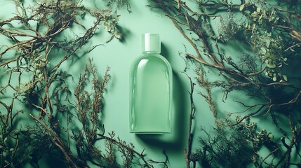 Herbal toner mock surrounded by branches and wild textures in soft green light