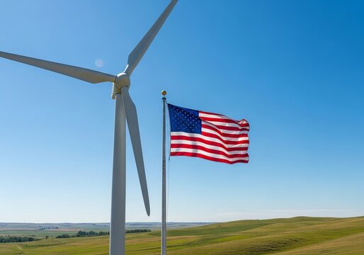 American Flag and Modern Wind Turbine Symbolizing Sustainable Energy and Patriotic Innovation