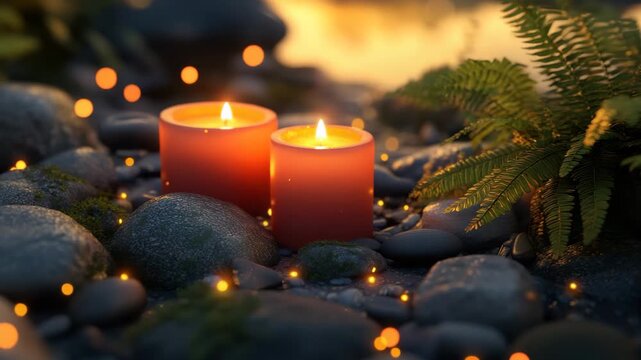 Two lit candles glowing warmly on smooth stones surrounded by green fern leaves and soft glowing light spots create peaceful relaxation with natural moss and flame in nature