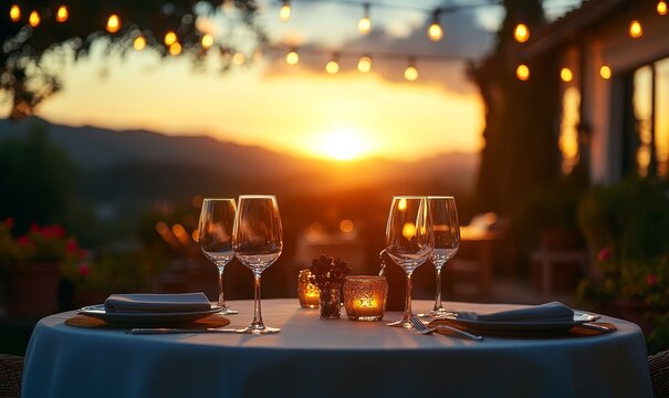 Sunset behind an elegant dining table on a luxury patio, with soft lighting and a warm atmosphere. This image conveys sophistication and outdoor elegance, ideal for upscale dining, Generative AI