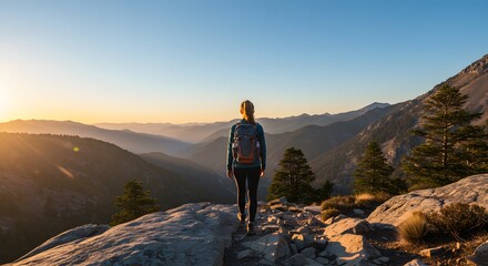 Golden Hour Trek: Woman Overlooking Hazy Mountain Layers at Sunrise