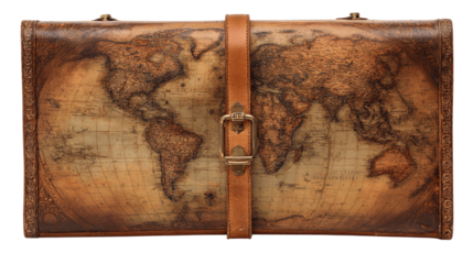 A centered view of vintage leather map case, white background --ar 16:9
