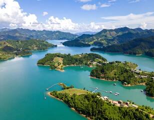 Aerial view of a turquoise lake surrounded by lush green hills and islands