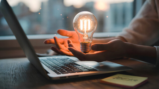 Ignite your next big idea with a glowing light bulb held between hands over a laptop, symbolizing innovation and creativity